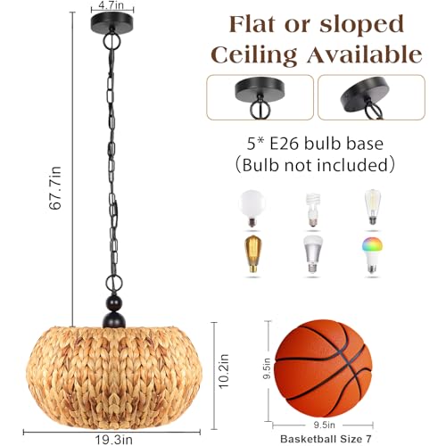 QIHONGLT Farmhouse Rattan Chandelier,19.3'' Boho Chandelier Light Fixture,5-Light Wicker Pendant Light for Dining Room/Living Room/Kitchen Island,E26 Base,Adjustable Height (Black) - Image 7