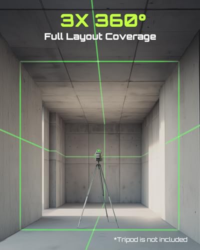 Image of 3D-RS12 Laser Level 3x360 Green Beam for Construction and Picture Hanging, Self-Leveling 3D Laser with 2 Rechargeable 11.1V Batteries (24 Hrs), Magnetic Liftable Stand, Type-C Cable