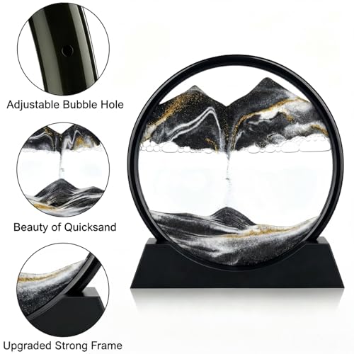 Kbkoudez 3D Moving Sand Art Picture, Round Dynamic Sandscape Desktop Ornament, Flowing Sand Painting in Frame, Stress Relief Relaxing Home Office Shelf Decoration, Ideal Gift (Black, 7inch) — view 3