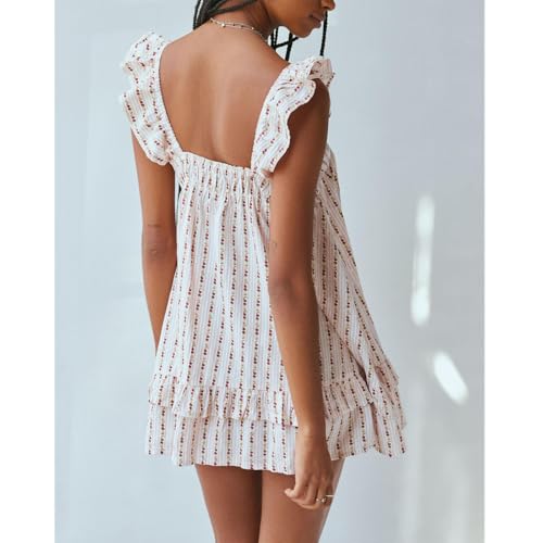 HOXIJIA Women Cute Floral Printed Mini Dress Sleeveless Bow Front Loose Ruffled Short Dress Summer Gingham Babydoll One Piece2