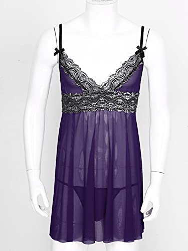 AGJGFM Men's Sissy Lingerie Nightgown Cami Lace Tirm Teddy Babydoll Sleepwear Chemises3