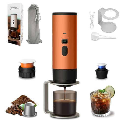 Macchina Caffe Portatile 3-in-1, Macchina da Caffè Espresso con Display LED e Serbatoio 90ml per Campeggio/Ufficio/Auto, Autoriscaldante, Compatibile Caffè Macinato/Capsule Espresso (Arancione)