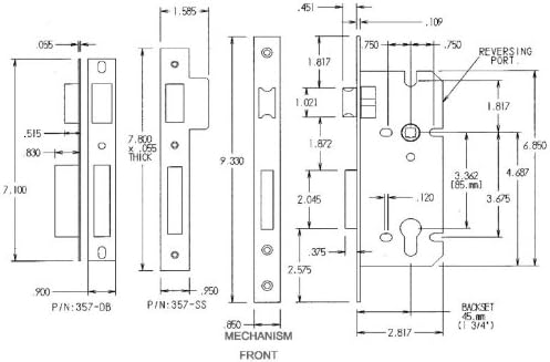 Institution Keyed Mortise Door Lock and Lever Trim Set with Profile Cylinder for Commercial Entrance Doors in Satin Stainless Steel Finish