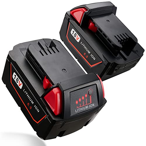 2 Pack 6.5Ah 18V Battery for Milwaukee M18 Battery Lithium High Output 18-Volt Battery Pack for Milwaukee 48-11-1850 48-11-1852 48-11-1862 48-11-1860 48-11-1828 48-11-1815 48-11-1822 Batteries