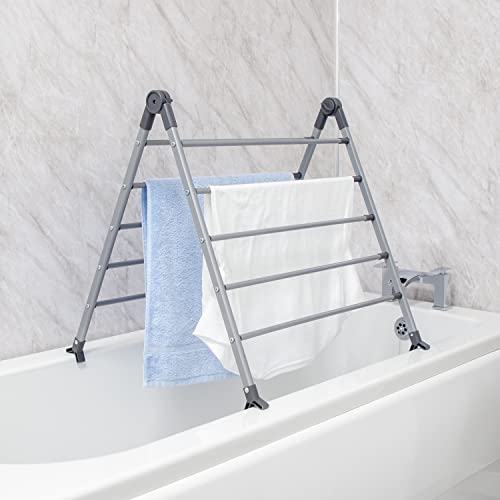 BLACK+DECKER Extendable Over Bath Airers Two Colours Adjustable Rotation 10 Bars with 5.6m Total Drying Space Folds for Compact Storage Grey (63219 63229)
