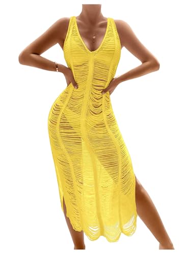 OYOANGLE Women's Crochet Hollow Out Swimsuit Cover Up Deep V Neck Sleeveless Beach Midi Dress...