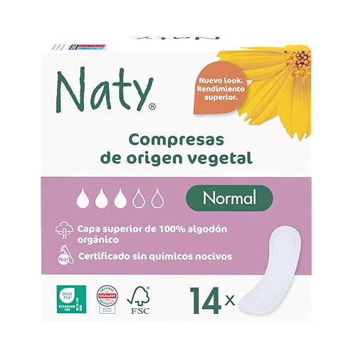 Naty Compresas Normales sin Alas | 100% algodón orgánico certificado en contacto con la piel | Certificadas seguras | Sin perfume, 0% plástico convencional | Protección absorbente | 14 unidades