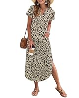 AUSELILY Damen Sommer Maxikleid Kurzarm V-Ausschnitt Lockeres Strandkleid mit Seitenschlitz für Urlaub Leopard L