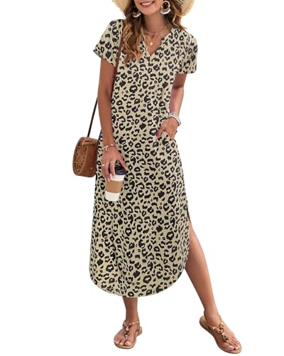 AUSELILY Damen Sommer Maxikleid Kurzarm V-Ausschnitt Lockeres Strandkleid mit Seitenschlitz für Urlaub Leopard L