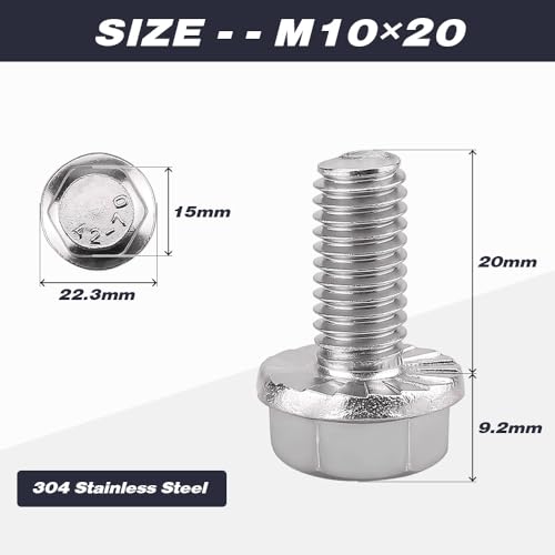 Image of M10-1.5 x 20mm (10 pcs) Flanged Hex Bolts, 304 Stainless Steel 18 /8, Large Washer Head Automotive Screws for Car Parts & Machinery Replacement