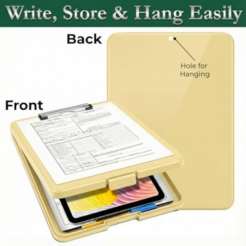 Image of Yajnas Clip Pad /Clipboard with Built-in Storage Compartment and Pen Holder - Durable, Lightweight Writing Pad with Snap Closure - Ideal for Office, School, Fieldwork (Light Yellow Colour)