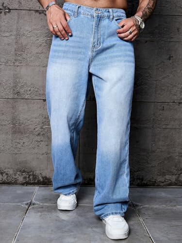 Image of AVANOVA Men's Baggy Fit Jeans- Solid Washed Denim Straight Wide-Leg | Streetwear Casual Dailywear Pants for Men | Trendy Loose-Fit Mid-Waist Denim Trousers (Jeans 247)
