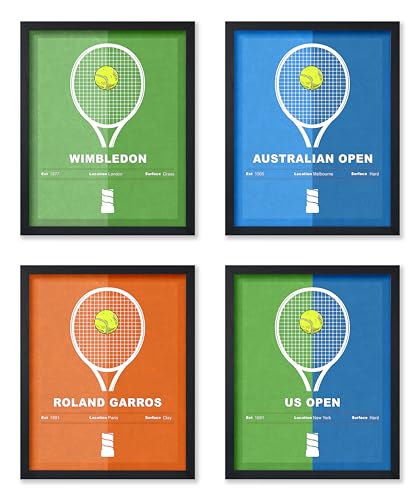 Poster Master 4-Piece Sports Poster - Tennis Print - Tennis Racket Art - Sport Tournament Illustration - US Open Design - Australian Open Graphic - Gym or Office Wall Decor - 11x14 UNFRAMED