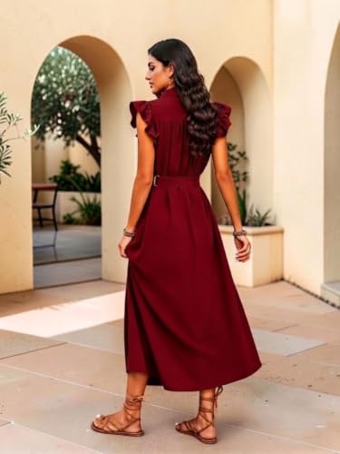Image of OOMPH! Women's Shirt Midi Dress | Ruffle Sleeves | Button-Down Front | Waist Belt Detail | Collared Neck Casual & Vacation Dress