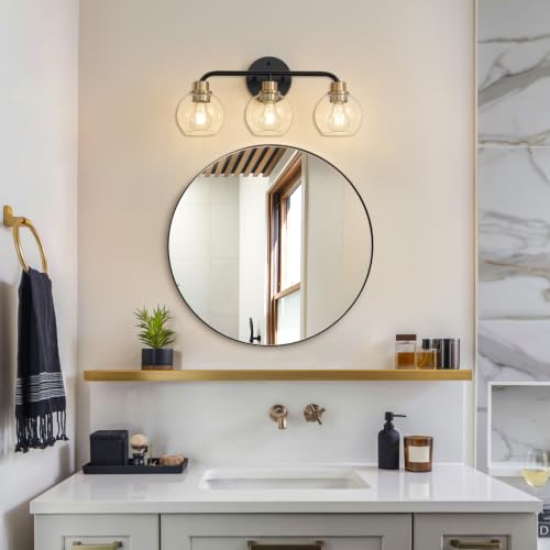 Image of 3 Light Bathroom Vanity Light, Black and Gold Bathroom Light Fixtures