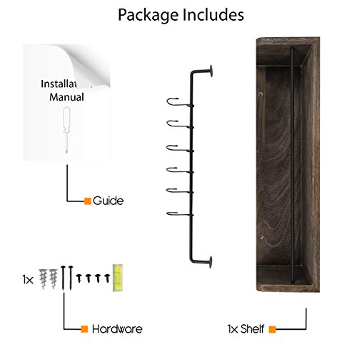 Rustic State William Wall Mount Floating Shelf with Rail and Hooks | Farmhouse Design 20 Inch Torched Distressed Wood Vintage (Distressed Walnut) - Thumbnail 7