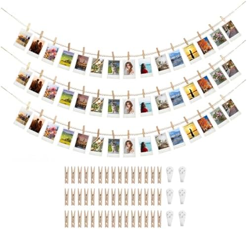 3PCS Hanging Photo Display with 45 Clips, 67 Inch Boho Wooden Bea...