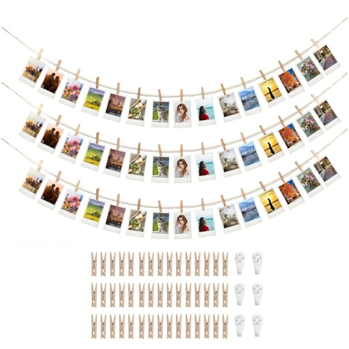 3PCS Hanging Photo Display with 45 Clips, 67 Inch Boho Wooden Bead Garland Photo Banner, Kids Art Display Collage Picture Postcard Display, Photo String for Bedroom Dorm Cubicle Wall Decor Teen Gifts