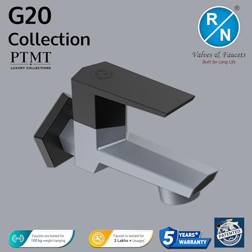 Image of RN PTMT Bib Cock for Bathroom | 15mm Foam Flow Water Tap with Flange | Luxury G20 Series Faucet | High-Grade Engineering Polymer Tap (Metallic Grey Black Dual, Pack of 1)