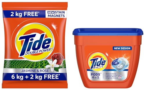 Image of Tide Plus Double Power Detergent Washing Powder Jasmine & Rose 6Kg + 2Kg FREE & Matic 4In1 Pods Detergent Pack 32 Ct -For Top & Front Load Washing Machine Only