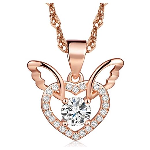Infinite U Collier pendentif en argent 925 pour fille Le cœur d'amour orné zircon et L'aile d'ange Cadeau d'anniversaire (La couleur d'or rose)