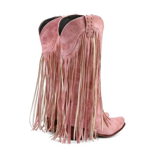 Image of KiutSymo Mid Calf Fringe Boots For Women Cowboy Pointed Toe Chunky Heels Cowgirl Western Tassel Boots