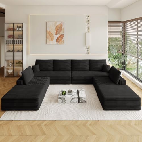 Image of Oversized Modular Sectional Sofa Couch, Large 8 Seater Corner Sofa Modern U Shaped Sectional Couch with Ottoman Cloud Couches for Living Room, Office, Spacious Space, Corduroy, No Assembly, Black