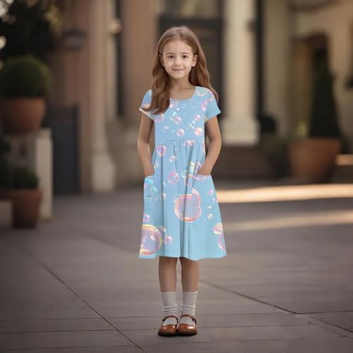 Girls Summer Cute Print Dress with Pockets Short Sleeve Casual Sundress for Kids, Ages 2-142