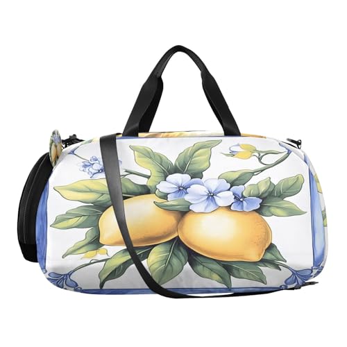 Travel Duffle Bag for Kids Boys Girls Lemon Blue Floral Tiles Italian Sports Bag Overnighter Duffle Sleepover Weekender with Shoes Compartment4