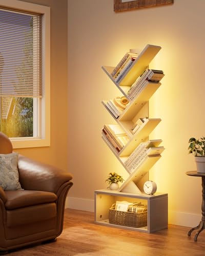 Image of Evermagin 6 Tier Tree Bookshelf with Lights, LED Book Tree Bookcase with Storage Organizer, Small Corner Bookshelf Floor Standing Book Shelf for Living Room, Bedroom & Home Office, White