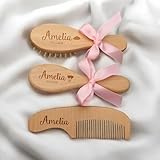 HDLOVE Kit Personalizado para El Cuidado del Cabello del Bebé, Set De Cepillo Y Peine para Bebé con Nombre Grabado A Medida, Mango De Madera con Nombre Y Fecha para Recién Nacidos