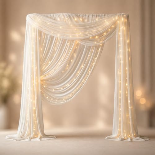 Image of Just Party Backdrop Setup with Drapes & Fairy Lights - White Sheer Curtain with Warm LEDs for Elegant Wedding, Engagement, Baby Shower, Photoshoot, Anniversary & Birthday Decoration for Home or Event