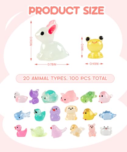 Image of FEXIA 100 Pcs Luminous Mini Resin Animals 20 Types Glow in the Dark Tiny Figurines Bulk Set for DIY Garden Aquarium Micro Landscape and Party Decoration Desk Pets and Miniature Accessories