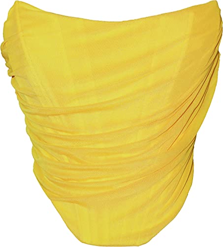 MOALLUOM Mesh Corset Crop Top Bustier Underbust Boned Backless Sleeveless Strapless Off Shoulder Aesthetic Bodyshaper for Women Y2K (Yellow 8)
