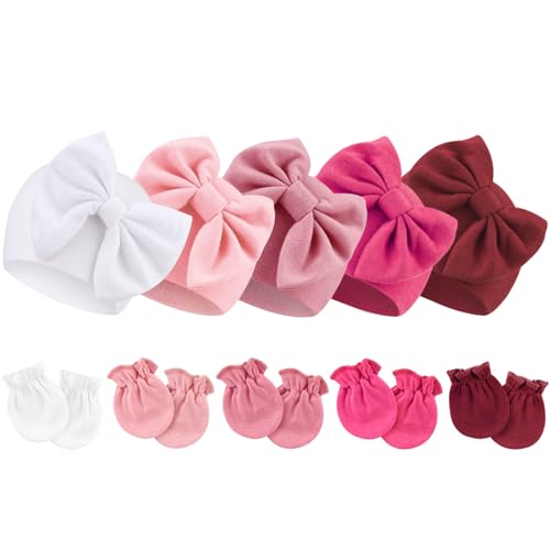 Image of BQUBO Newborn Baby Girls Hats Mittens Set Hospital Hat Beanie Infant Bow Hats Baby Cotton Gloves for 0-6 Months