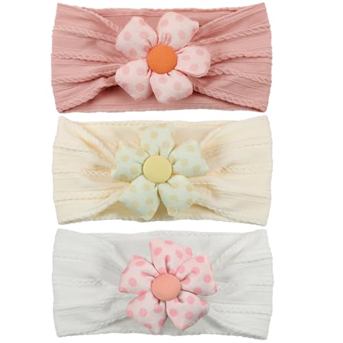 Image of 3 Pcs Baby Girls Flower Headbands - Newborn Preemie 0-6 Months Soft Nylon Hairbands - Hair Accessories for Infant Toddler Kids