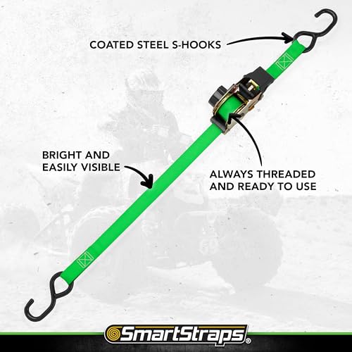 Image of SMARTSTRAPS Retractable Ratchet Tie Down Straps (4 PK) 1,500lb Break Strength, 500lb Safe Work Load, Standard Duty, Secure and Haul ATVs, Lawn Tractors, Cargo, Boxes and Other Small Equipment