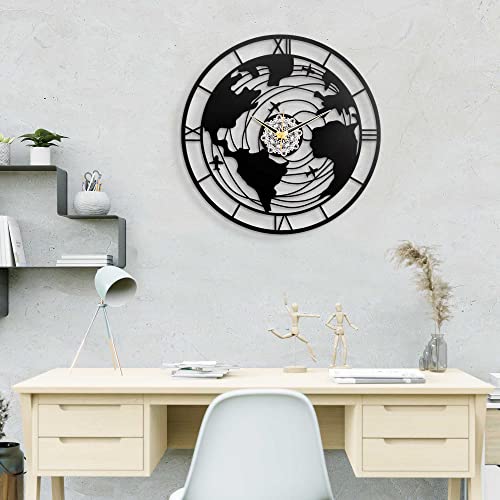 Image of METSY Metal Wall Clock World Map Design | Metal Wall Art Clock Decor for Living Room | Wall Hangings for Home Decoration | Size: 44.5x44.5 cm | Laser Cutting & Black Powder Coated