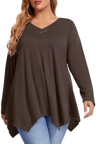 MONNURO Plus Size Women's Tunic Top - V-Neck, Asymmetrical Hem, Long Sleeve, D-Maroon 4X - View #7