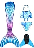 FOLOEO Mädchen Meerjungfrauenschwanz Zum Schwimmen mit Meerjungfrau Flosse- Prinzessin Cosplay Bademode für das Schwimmen mit Bikini Set und Monoflosse, 4 Stück Set, Mehrfarbig (MD40), 140