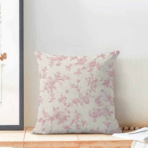 Sorktse Pink Pillow Covers 18x18 Set of 2 Pink Bird Floral Chinoiserie Throw Pillows Vintage Toile Spring Summer Floral Pillowcases Linen Outdoor Decor Cushion Cover for Sofa Couch — view 4