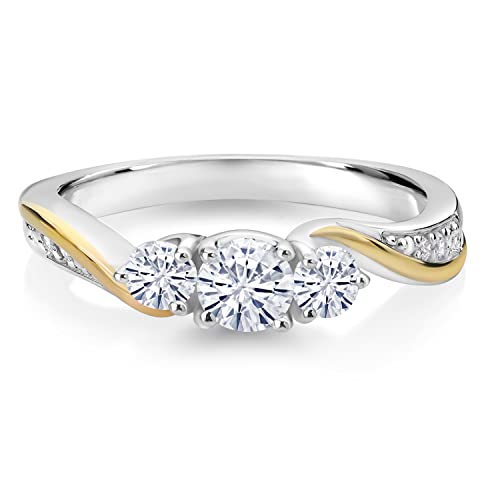 Gem Stone King 925 Sterling Silver and 10K Yellow Gold White Moissanite and White Lab Grown Diamond 3 Stone Engagement Ring For Women | 0.46 Cttw | Available In Size 5, 6, 7, 8, 93