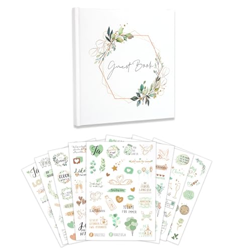 Wedding Guest Book 144 Sheets, with Wreath Design Foil Stamped Cover, Large Wedding Scrapbook Album with 8 Stickers for Guests to Sign – Guestbook for Wedding, Birthday, or Party