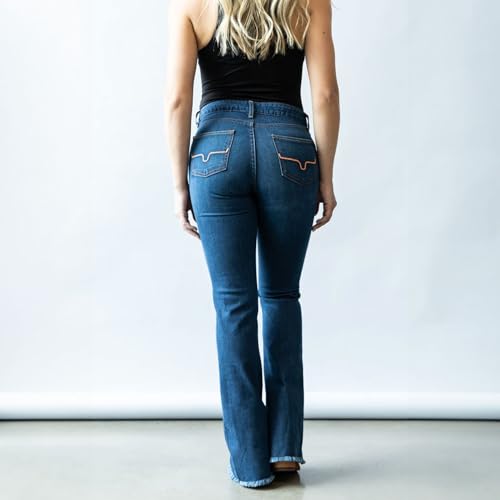 Kimes Ranch Women's Lola Raw Hem Western Mid-Rise Flare Leg Extra-Durable Shape-Saving Tri-Blend Denim Blue Jean Trousers2
