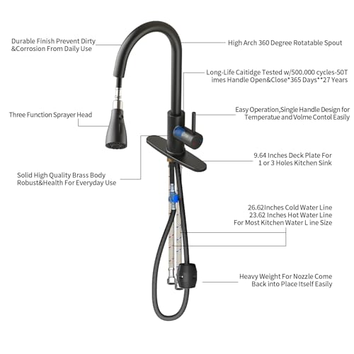 Oersitor Kitchen Faucet with Pull Down Sprayer，Lead-Free NSF Certified ，High Arc Single Handle Stainless Steel Sink Faucet，1/3 Hole, Suitable for Farmhouse RV Laundry Rooms Camper and Bars(Black) - image 9
