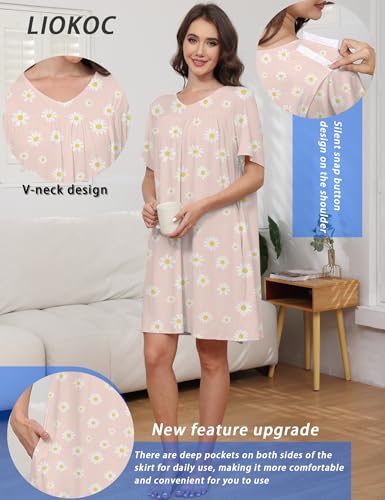 Image of Hospital Gowns for Women Open Back Tear Away Snap Post shoulder Dress Short Sleeve Soft Adaptive Clothing with Pockets