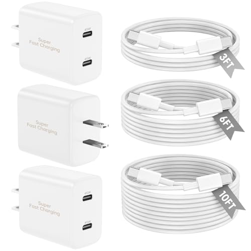 Image of 45W 3Pack White Super Fast Charger USB C Dual Port Charger Type C Fast Charging Block with 60W [3FT+6FT+10FT] USB C to USB C Charger Cord for Galaxy S26 /S25 /S24,for iPhone 17 /16 /15,for iPad and More