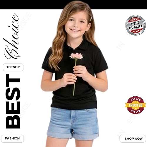 Image of Kids Girls Polo T-Shirt | Half Sleeves | 100% Organic Cotton Rich Bio-Wash Fabric | Ultra Soft & Breathable | Regular Fit | Plain Solid Color Casual Wear & School Uniform