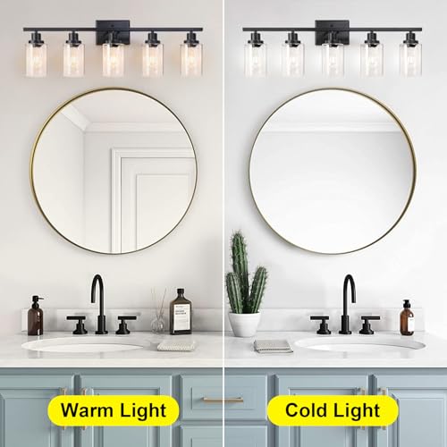 Image of Ascher 5-Light 37.8 inch Wall Sconces, Modern Vanity Light Fixture with Clear Glass Shade, Black Finish Wall Light for Mirror Bedroom Hallway, E26 Base (Bulbs Not Included)