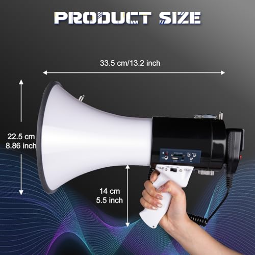 MyMealivos Megaphone with Siren Bullhorn 50 Watt Bullhorn Speaker with Detachable Microphone, Portable Lightweight Strap & 3.5mm Aux Input (White-Bluetooth-Battery) - Thumbnail 6